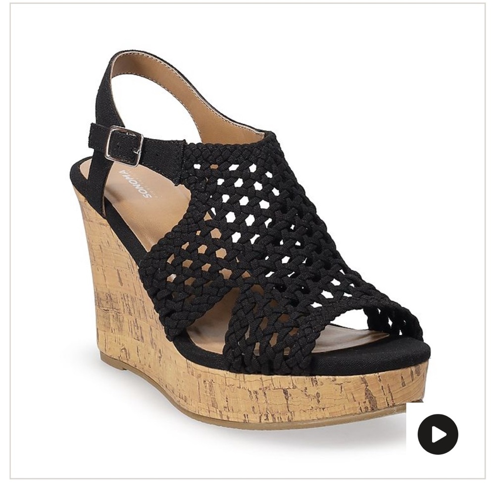 SO Black Crochet Wedge Sandals